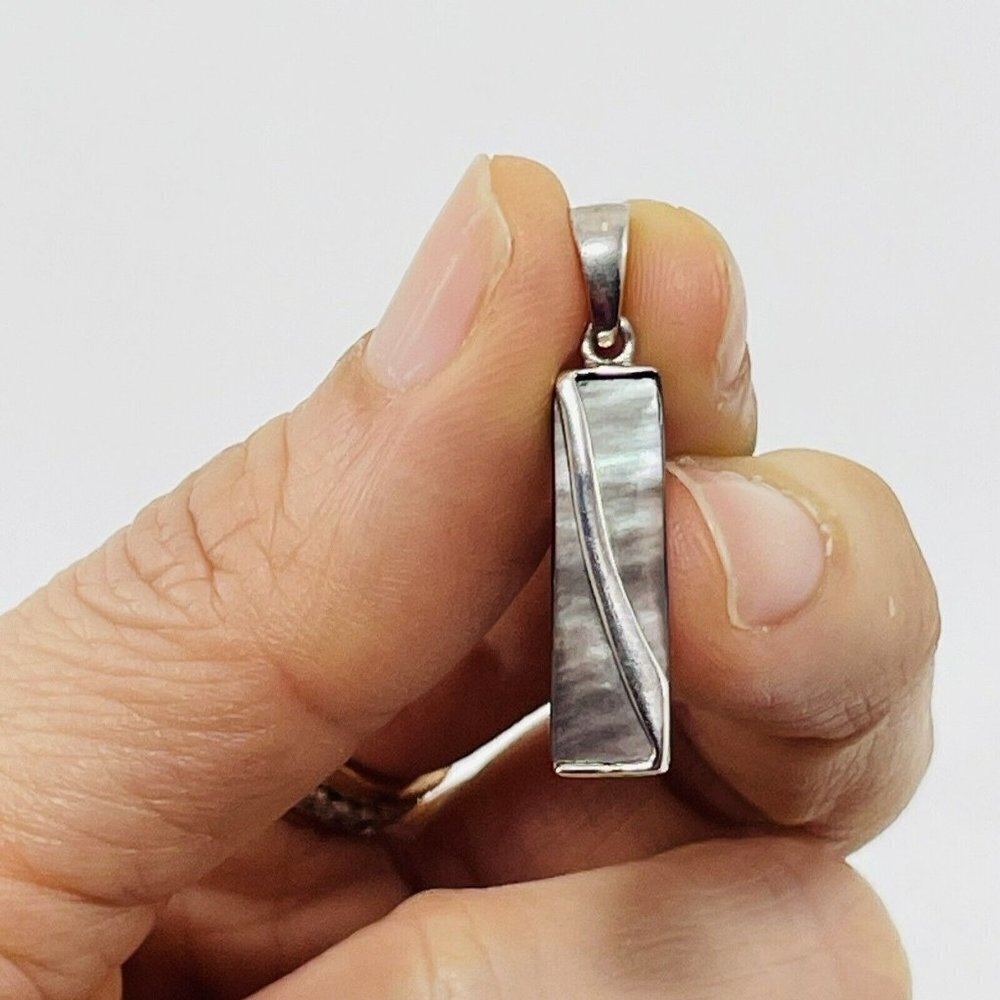 925 Solid Sterling Silver Pendant Bar Rectangular Gray Shell Paint Small Marked